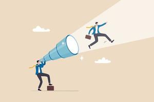 Create strong vision to lead to business success, ambition to set direction and reach goal and target, mission or career path, businessman look through telescope see himself walking to reach goal. vector