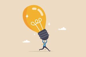 Big idea, creativity and innovation to change or invent new product, solution to solve problem, discover new idea concept, excited businessman carrying big lightbulb idea running to invent new product vector