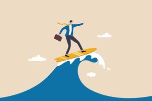 Follow business trend or momentum, challenge to overcome difficulty, professional experience worker or career development concept, expert businessman surfing or riding wave to success direction. vector