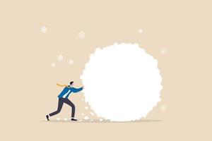 Snowball effect from small build up larger with potential risk, financial growth or mistake concept, businessman investor rolling large snowball build up from small getting bigger. vector