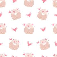 Seamless pattern with cute cartoon envelopes and hearts. Valentine's day romantic elements for decorations.  Flat vector illustration for fabric, textile, wrapping paper.
