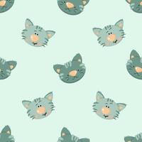 Cartoon blue cats with stripes seamless pattern. Funny cats faces on light blue background.  Vector illustration for print, wrapping paper, packaging, poster, fabric, textile.