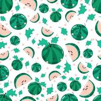 Seamless pattern with cute cartoon watermelons and watermelon slices with funny faces. Summer snack on white background. Flat vector illustration for fabric, textile, wrapping paper.