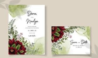 Beautiful watercolor red flower wedding invitation card vector