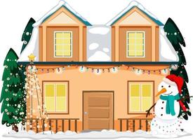 Snow covered house with Christmas light string and snowman vector