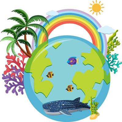 Earth planet with coral and ocean animals