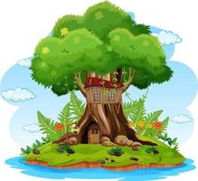 Fantasy tree house inside tree trunk on white background vector