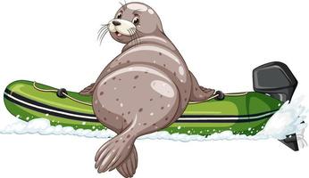 Seal on inflatable boat in cartoon style vector