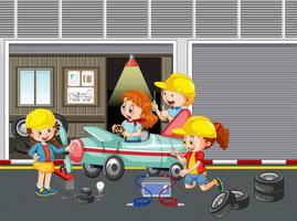 niños reparando un coche juntos en el garaje. vector