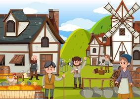Ancient medieval village scene with villagers vector