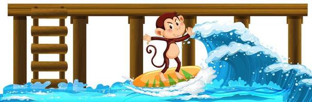 Monkey on surfboard with water waves vector