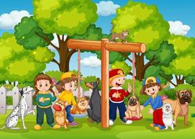 Outdoor scene with children and their dogs vector