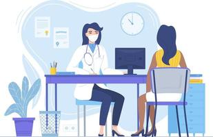 Woman Doctor in face mask conculting patient. Medcine, pandemic, lockdown therapy, health care, hospital workspace concept. Stock vector illustration in flat style isolated on white.