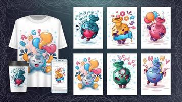 Set cartoon character flask - set five poster. vector