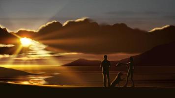 una pareja se relaja y juega con su amado perro a la orilla del mar con una hermosa puesta de sol. vector