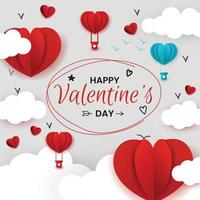 Happy valentines day with paper cut clouds and hot air balloons with colored hearts on beige background vector