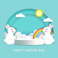 Easter greeting with 3d product podium in papercut style. vector