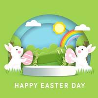 Easter greeting with 3d product podium in papercut style. vector