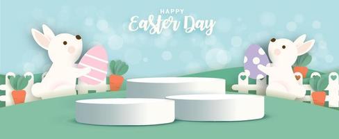 banner del día de pascua con podio de producto 3d en estilo papercut. vector