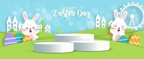 Easter greeting with 3d product podium in papercut style. vector