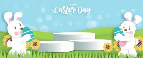 Easter day banner with 3d product podium in papercut style. vector