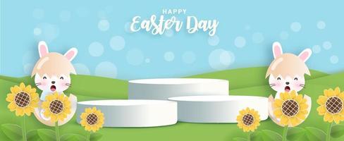 Easter day banner with 3d product podium in papercut style. vector