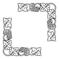 Grape bunches and leaves frame corners, vector design element. Border of grapevine.