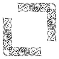 Grape bunches and leaves frame corners, vector design element. Border of grapevine.