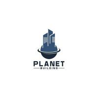 construyendo el logo del planeta combinando edificio y planeta vector