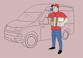 mensajero de entrega que sostiene el paquete con el camión de reparto en el fondo. ilustraciones de diseño vectorial de estilo dibujado a mano. vector