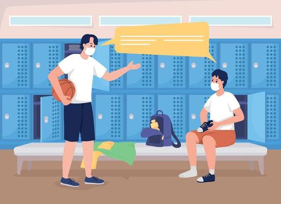 Boys changing for gym flat color vector illustration