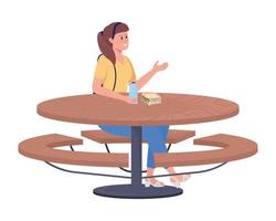 School girl sitting at table semi flat color vector character