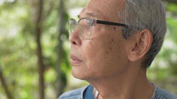 Close up senior grandfather in eyeglasses turns his face looking at camera. video