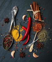 Different kind of spices in vintage spoons photo