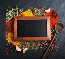 Different kind of spices and blackboard photo