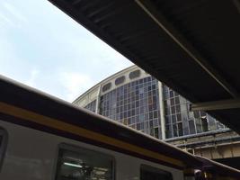 BANGKOK THAILAND08 APRIL 2019.Thai Train and arc of Hua Lamphong Station on BANGKOK THAILAND08 APRIL 2019. photo