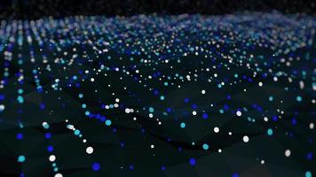 Bokeh background of 1000 blue and white particles moving in a wave form against a black color. 3D Animation video