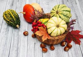 calabazas con hojas de otoño foto