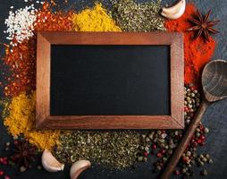 Different kind of spices and blackboard photo