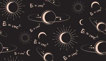 vector espacial de patrones sin fisuras con la velocidad física de la fórmula de la luz e mc2. luna, sol, estrellas, órbitas, planos. símbolo mágico de la wicca pagana. alquimia vectorial, esotérica, ocultismo, fondo negro