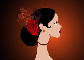 hermoso retrato mujer latina española, peinados para chica flamenca con accesorios folclóricos peineta, flor de rosa roja y aretes, vector aislado en fondo negro
