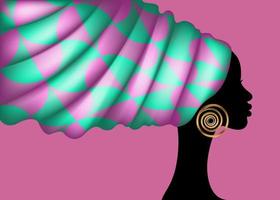 envoltura de cabeza de turbante de impresión africana, mujer de belleza de retrato en peinados afro, diseño de logotipo vestido de pelo de mujer negra, plantilla étnica vectorial de África aislada en fondo rosa vector