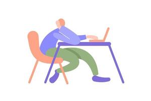 male office laptop. business office. man sits at a table on a chair. stylized color illustration