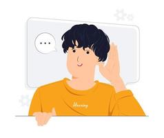 Man holding hand near ear, speaking, listening, hearing, whispering, curiosity, gossip, deafness, and pay attention concept illustrations vector