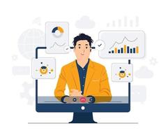 Business video call conference, telecommuting, Webinar, using laptop talk to colleagues, online learning and remote working concept illustration vector