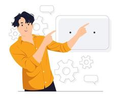 Handsome man showing and pointing fingers at wall and upper left corner with happy expression advices use this copy space wisely concept illustration vector