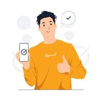 Smiling man holding smart phone, wearing casual clothes, standing and showing thumbs up positive gesture. Ok sign and gesture language concept illustration