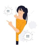 Woman pointing finger on wall while startled, shocked, Surprised, speaking, listening, hearing, whispering, and Pay attention concept illustration