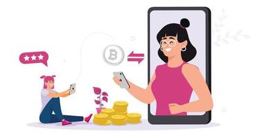Woman making payments by transferring bitcoin coins to this friend. Digital Currency Global, cryptocurrency mobile trading. flat vector. vector