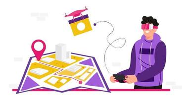 A teenage man wearing VR glasses Online delivery service concept, online order tracking, delivery home drone, and delivery man in vr glasses. Vector illustration